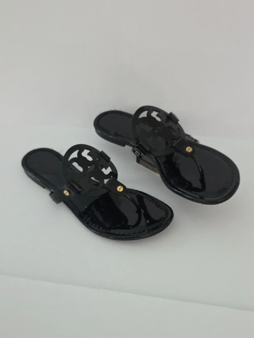 Tory Burch Black Patent Logo Thong Sandals